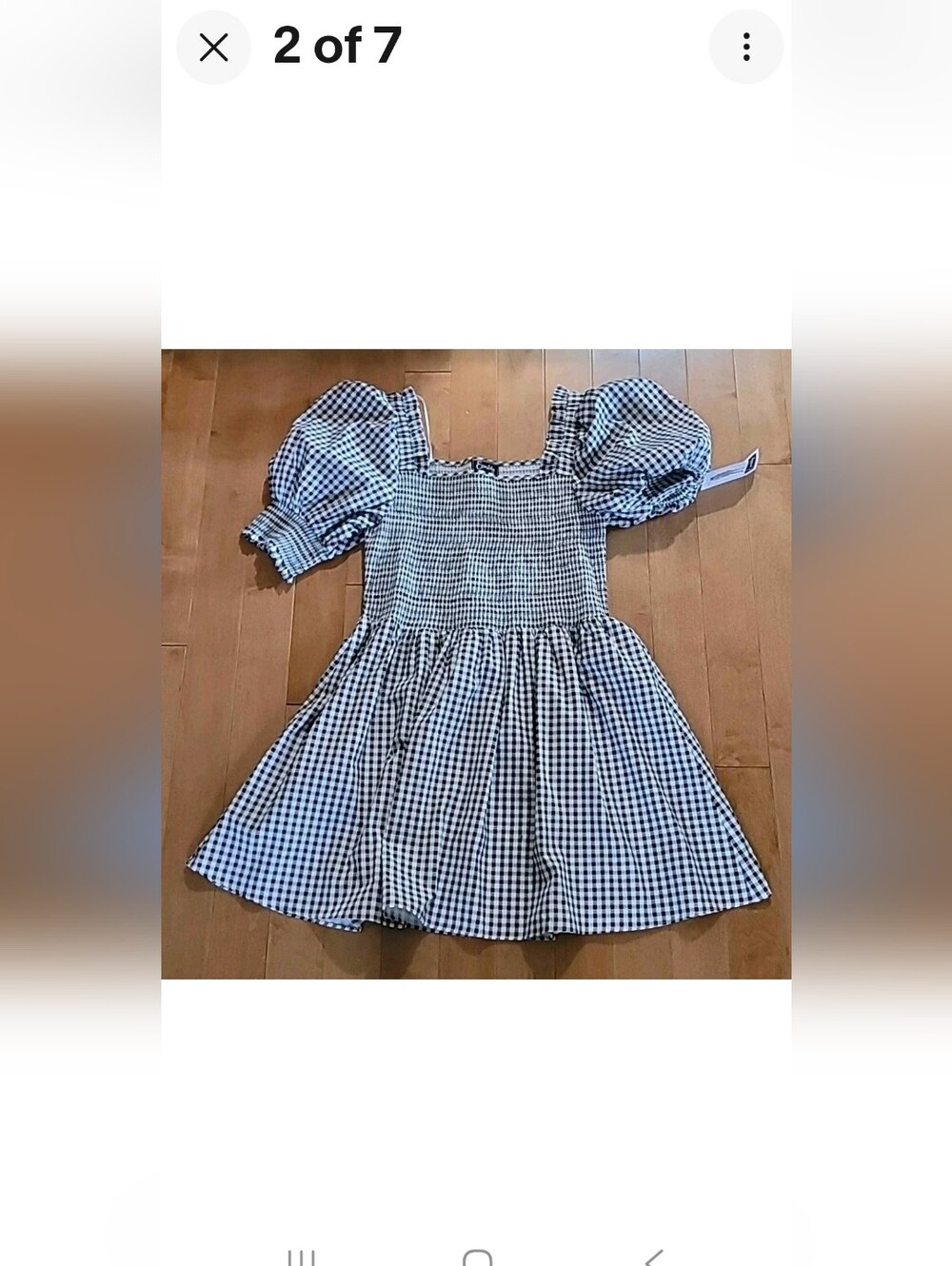 Gingham Dress BLACK WHITE mini Puff Sleeves BABY DOLL FIT & FLARE Smocked Top M - Picture 2 of 8